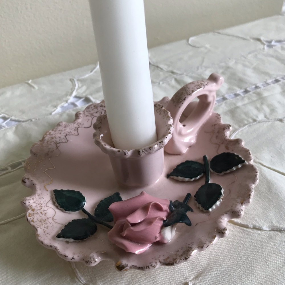 Vintage Dusty Pink Chamber Candle Holder with Handle